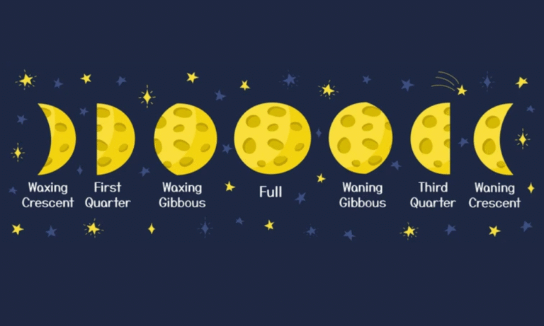 Current Phase of the Moon Emoji chart showing waxing crescent, first quarter, waxing gibbous, full moon, waning gibbous, third quarter, and waning crescent.