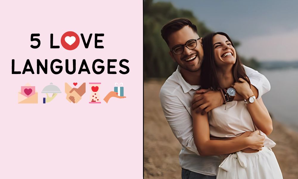 Couple smiling and embracing with text 5 Love Languages and icons representing words, service, gifts, touch, and quality time