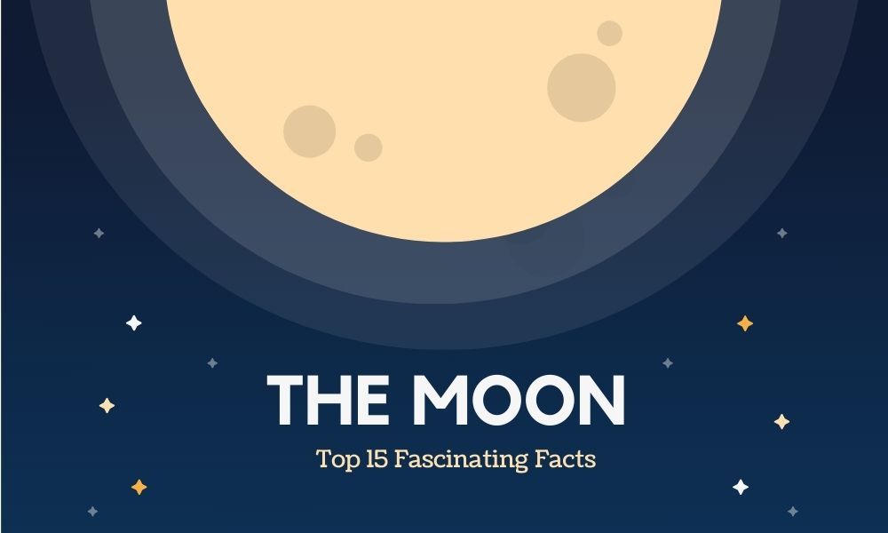 Illustration of the moon with text the moon top 15 fascinating facts for article about facts about the moon
