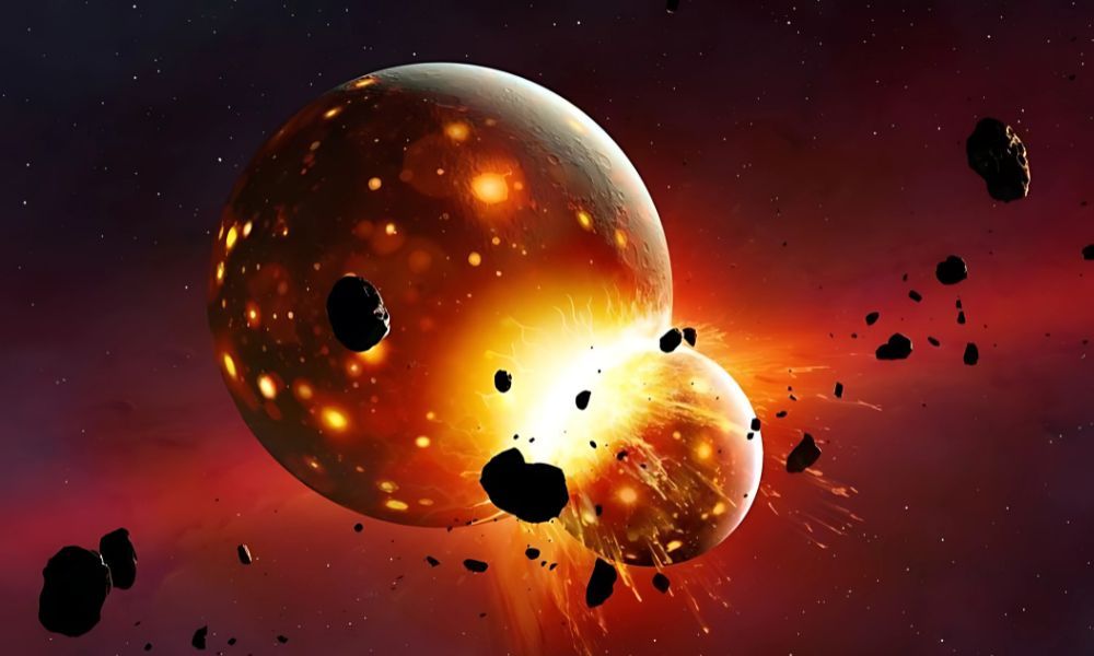 Illustration of a giant impact collision forming the Moon from debris after a Mars-sized rock collided with Earth