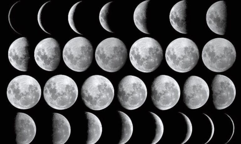 Sequence of moon phases showing why the moon looks different each night as it changes shape from crescent to full moon