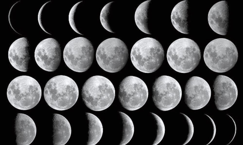 Sequence of moon phases showing why the moon looks different each night as it changes shape from crescent to full moon