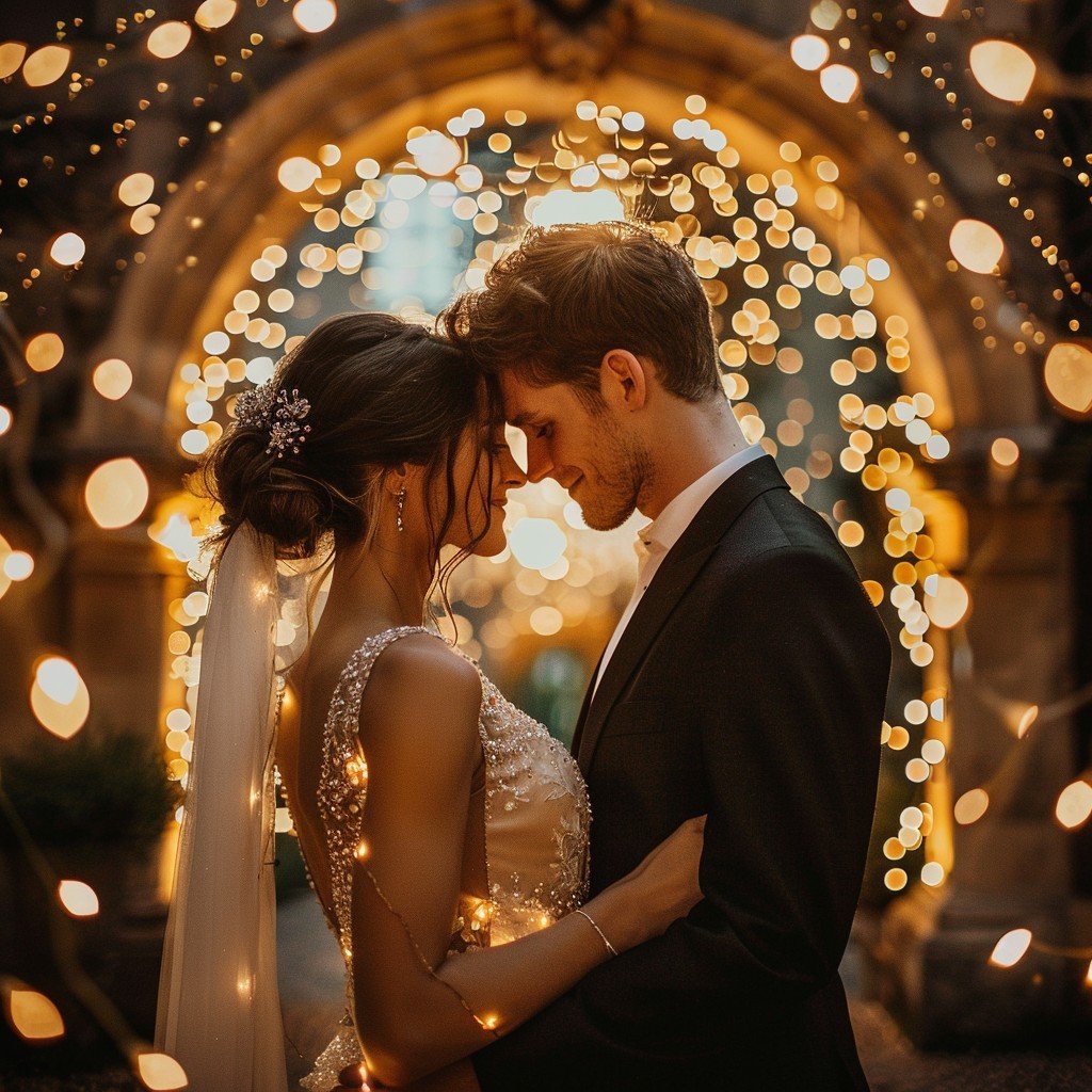 Romantic couple embracing under glowing lights, symbolizing Moon Phase Soulmate love, emotional connection, and cosmic compatibility