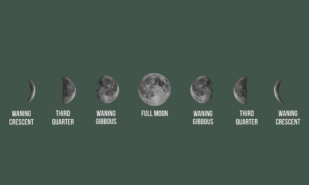 Phases of the moon showing waning crescent, third quarter, waning gibbous, and full moon in alignment