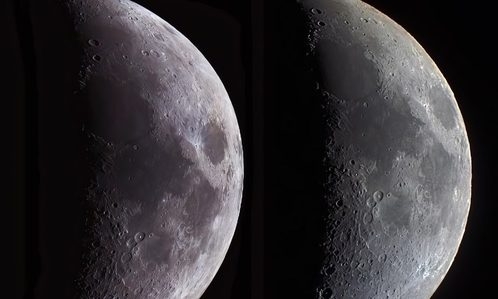 Close-up view of the Moon’s surface showing craters, dust and rocky terrain
