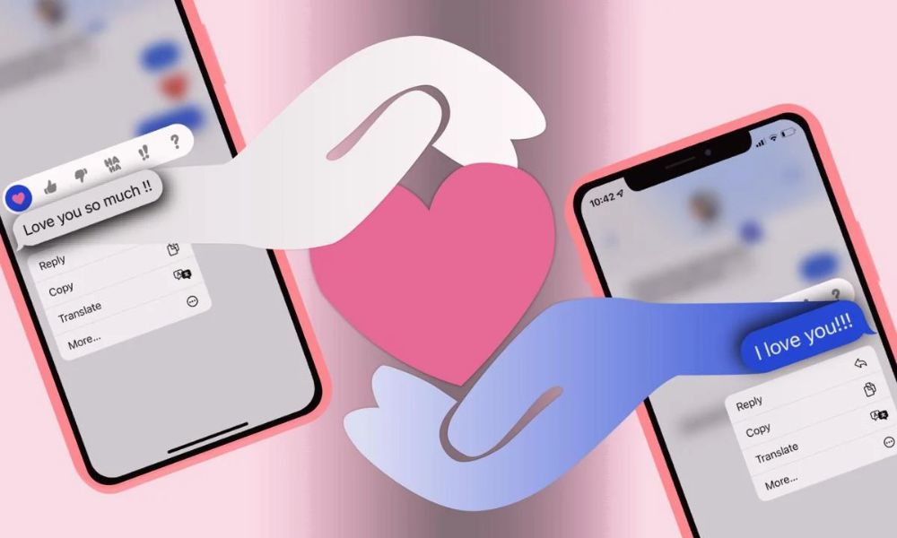 Illustration of two smartphones exchanging love messages like "I love you," symbolizing Words of Affirmation through heartfelt texts